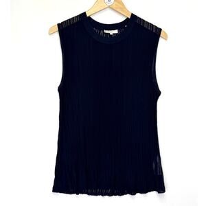 VINCE Pleated Navy Blue Top L Sheer Textured Knit Crewneck Pullover Sleeveless